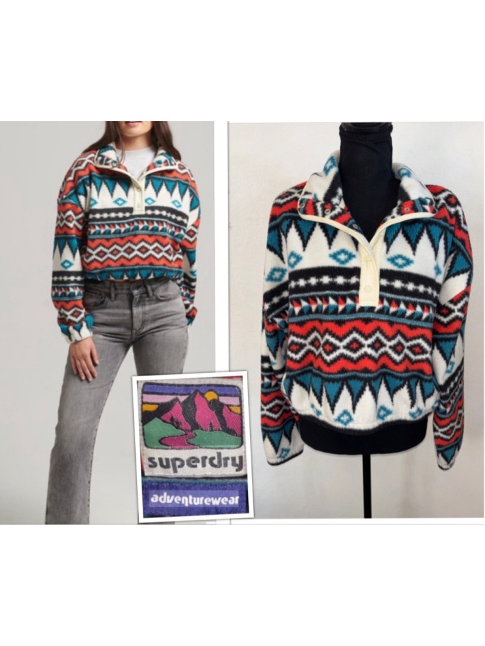 Superdry Retro Ski Apres Aztec Outdoor Fleece Crop Baggy Fit Women size 10 / Med